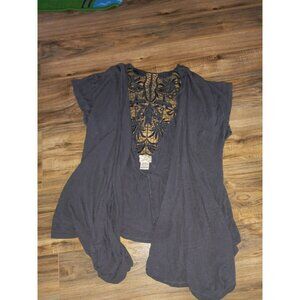 Wwomens gray lace back short sleeve eyelash couture knit cardigan Medium